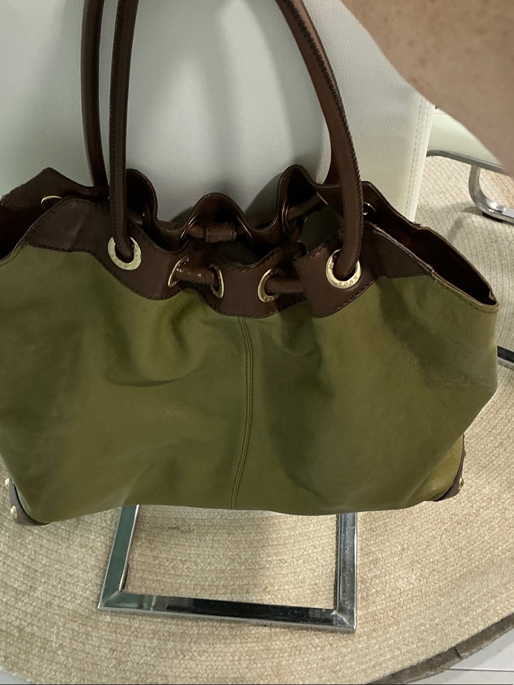 Michael Kors Olive and Brown Drawstring Shoulder Tote